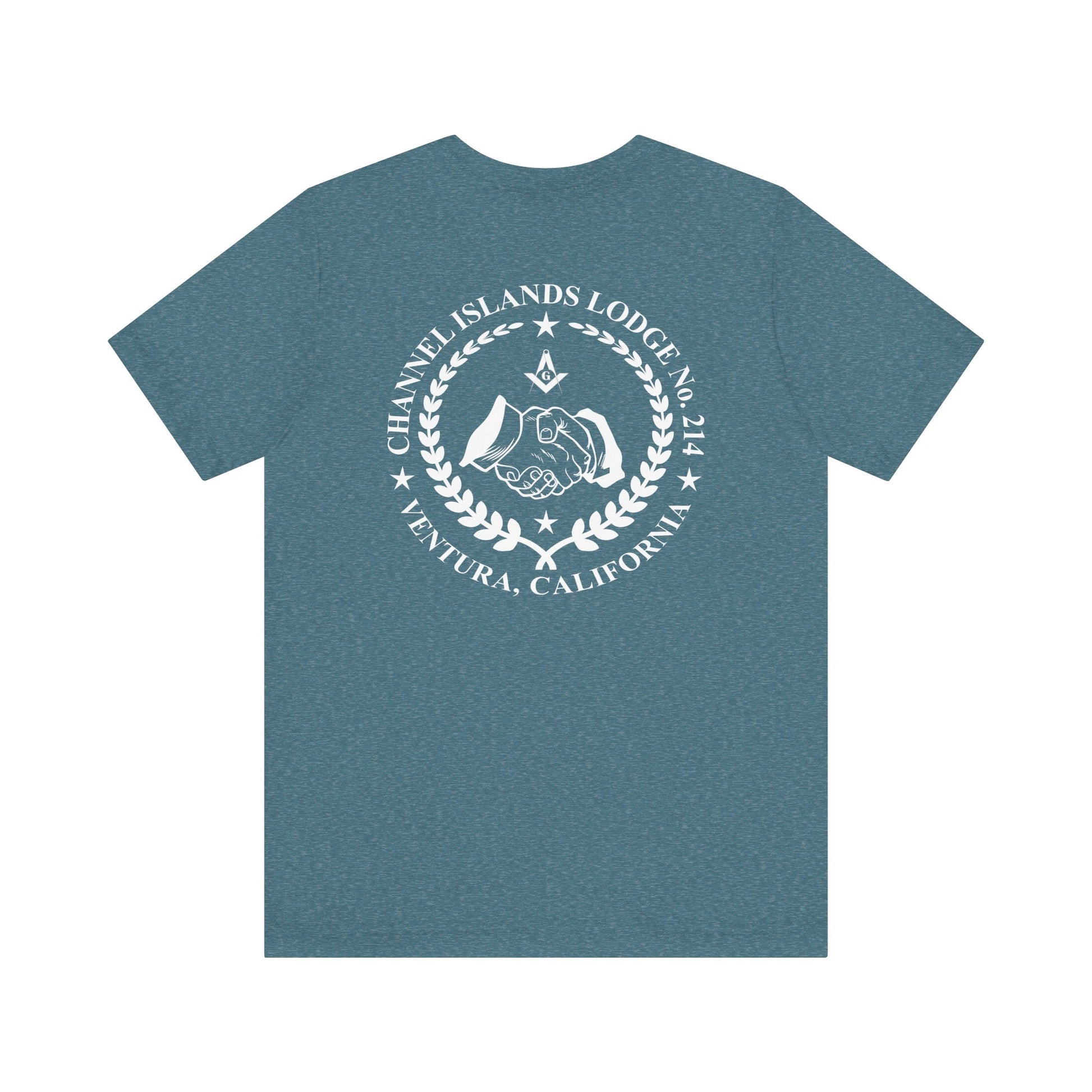 Fellowcraft T-Shirt from Channel Islands Lodge 214 featuring blue and green design, printed by Printify.