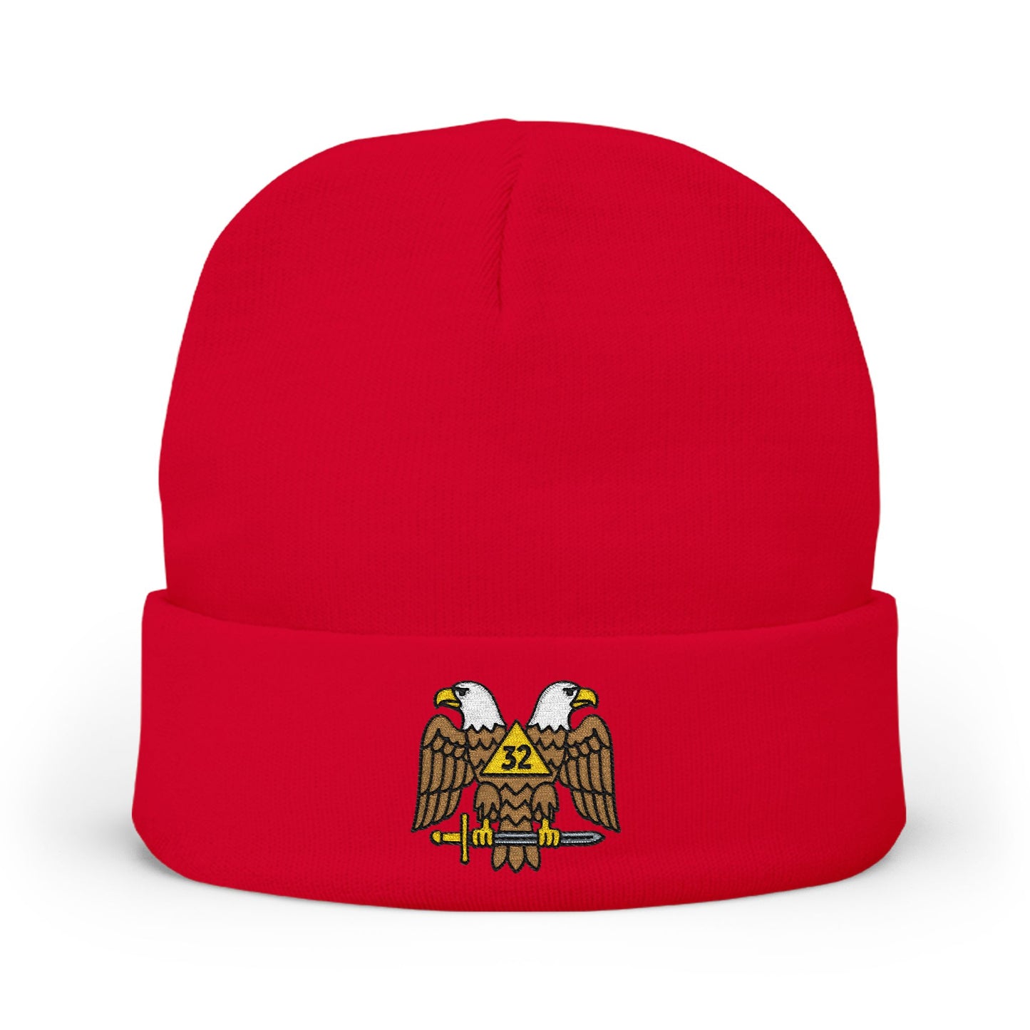 Scottish Rite embroidered knit beanie hat by Printify featuring detailed Scottish Rite symbols and warm, cozy knit fabric