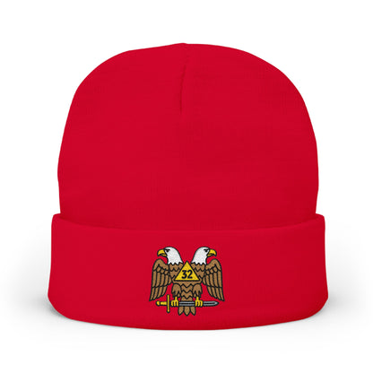 Scottish Rite embroidered knit beanie hat by Printify featuring detailed Scottish Rite symbols and warm, cozy knit fabric