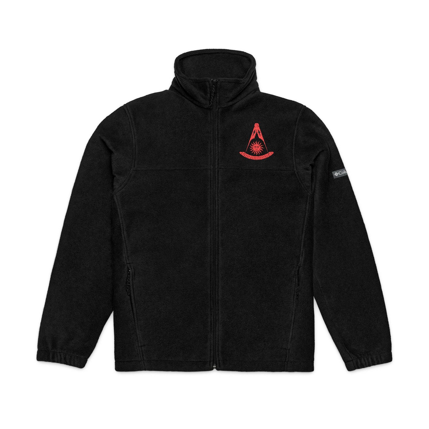 Red CA Past Master Embroidered Columbia Fleece Jacket sweatshirt by Printify, shown with detailed embroidery on the front.