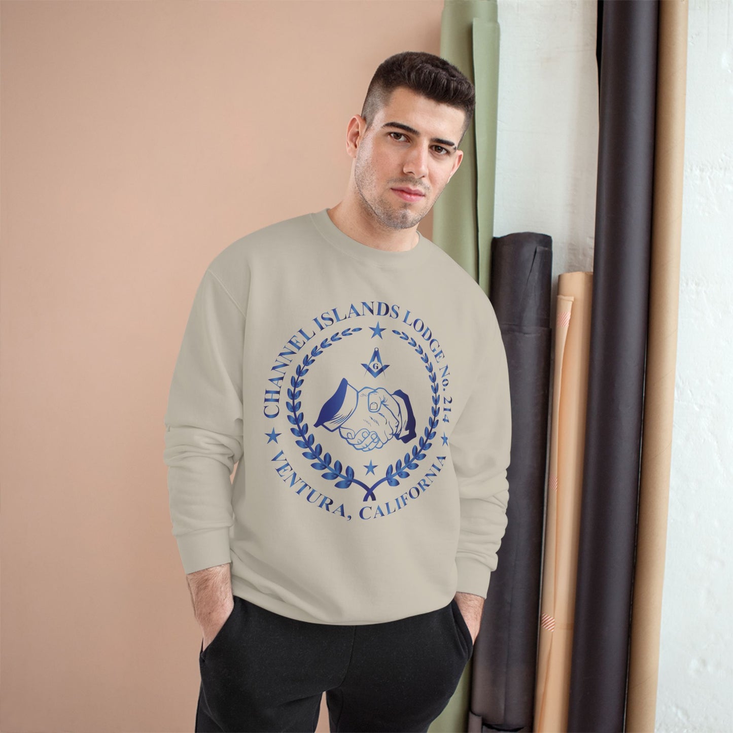 Channel Islands Lodge 214 Champion sweatshirt in sapphire color with logo, made by Printify, featuring a cozy, casual fit.