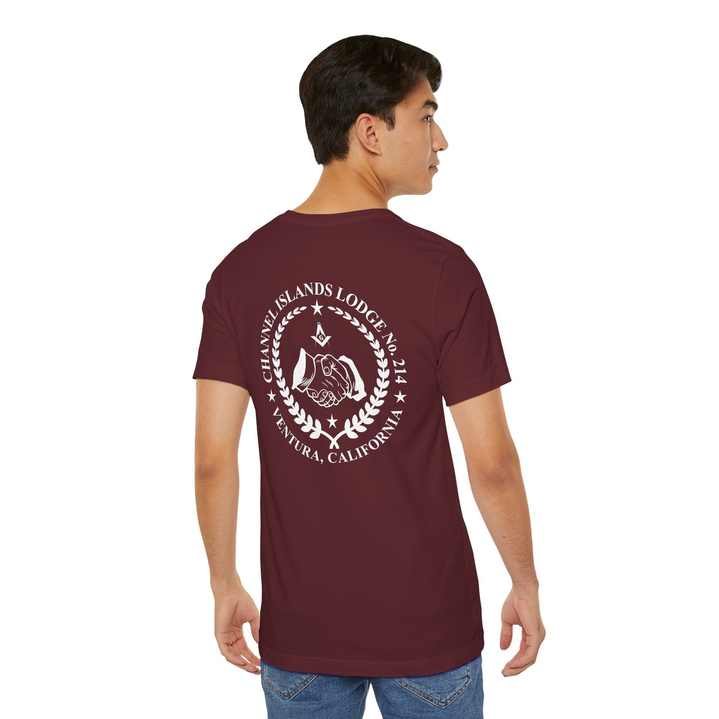 Dark-colored Entered Apprentice T-Shirt from Channel Islands Lodge 214, with lodge emblem and detailed design on front.