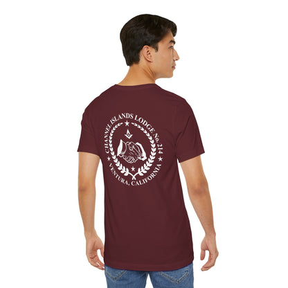 Dark-colored Entered Apprentice T-Shirt from Channel Islands Lodge 214, with lodge emblem and detailed design on front.