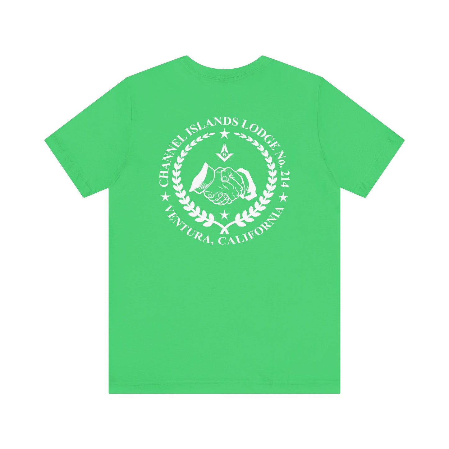 Bright colorful Fellowcraft T-Shirt featuring Channel Islands Lodge 214 logo, made by Printify, shown on a white background.