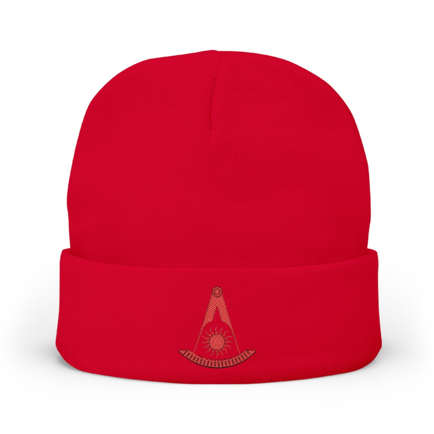 Red Past Master embroidered knit beanie by Printify, featuring a plain sun design, ideal for casual hats and winter accessories.