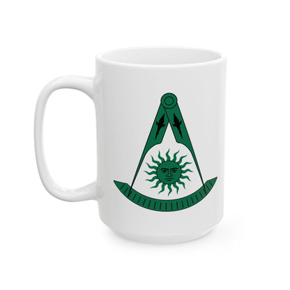 Two-Sided Past Master Ceramic Mug - Compass & Quadrant (Green, Sun with Face, Spearhead)
