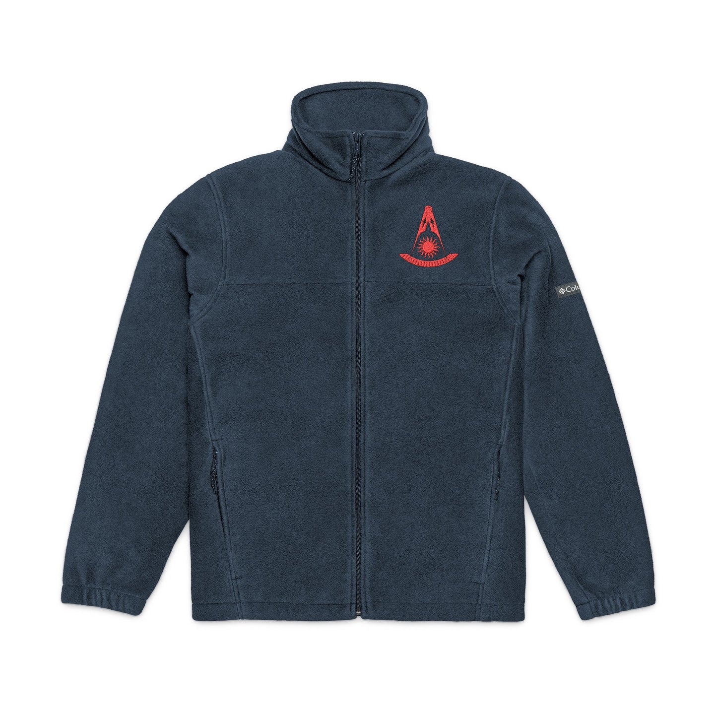 Red Columbia Fleece Jacket sweatshirt by CA Past Master Embroidered with Spear design, featuring no face detail.