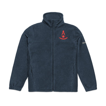 Red Columbia Fleece Jacket sweatshirt by CA Past Master Embroidered with Spear design, featuring no face detail.