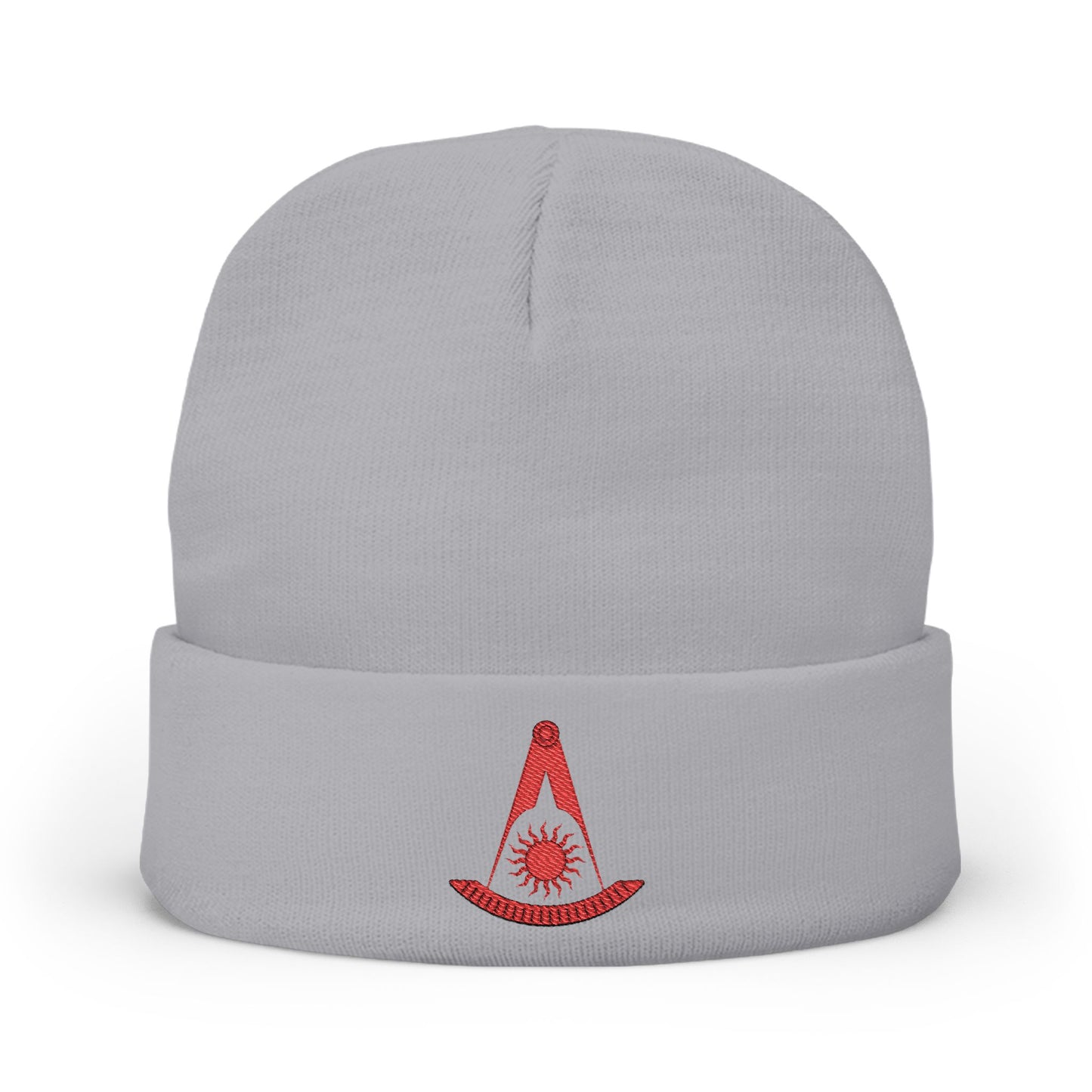 Red Past Master embroidered knit beanie hat by Printify featuring a simple sun design, warm and comfortable for casual wear.