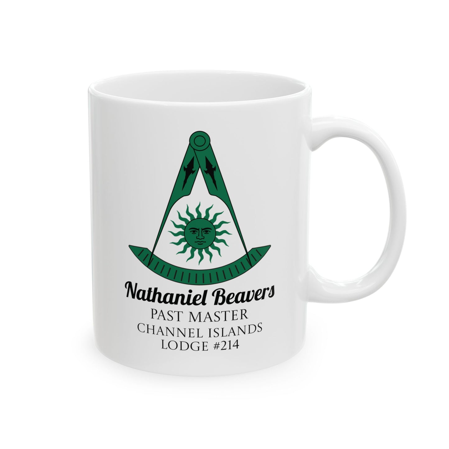 Personalized Past Master Mug - Compass & Quadrant (Green, Sun with Face, Spearhead)