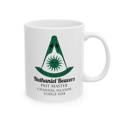 Personalized Past Master Mug - Compass & Quadrant (Green, Sun with Face, Spearhead)