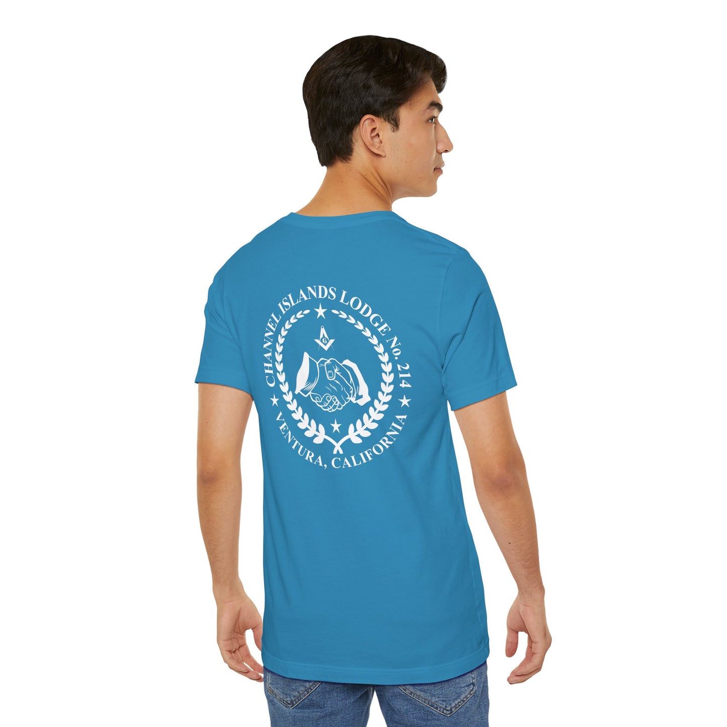 Fellowcraft T-Shirt from Channel Islands Lodge 214 in blue and green, featuring lodge emblem and casual fit, by Printify.