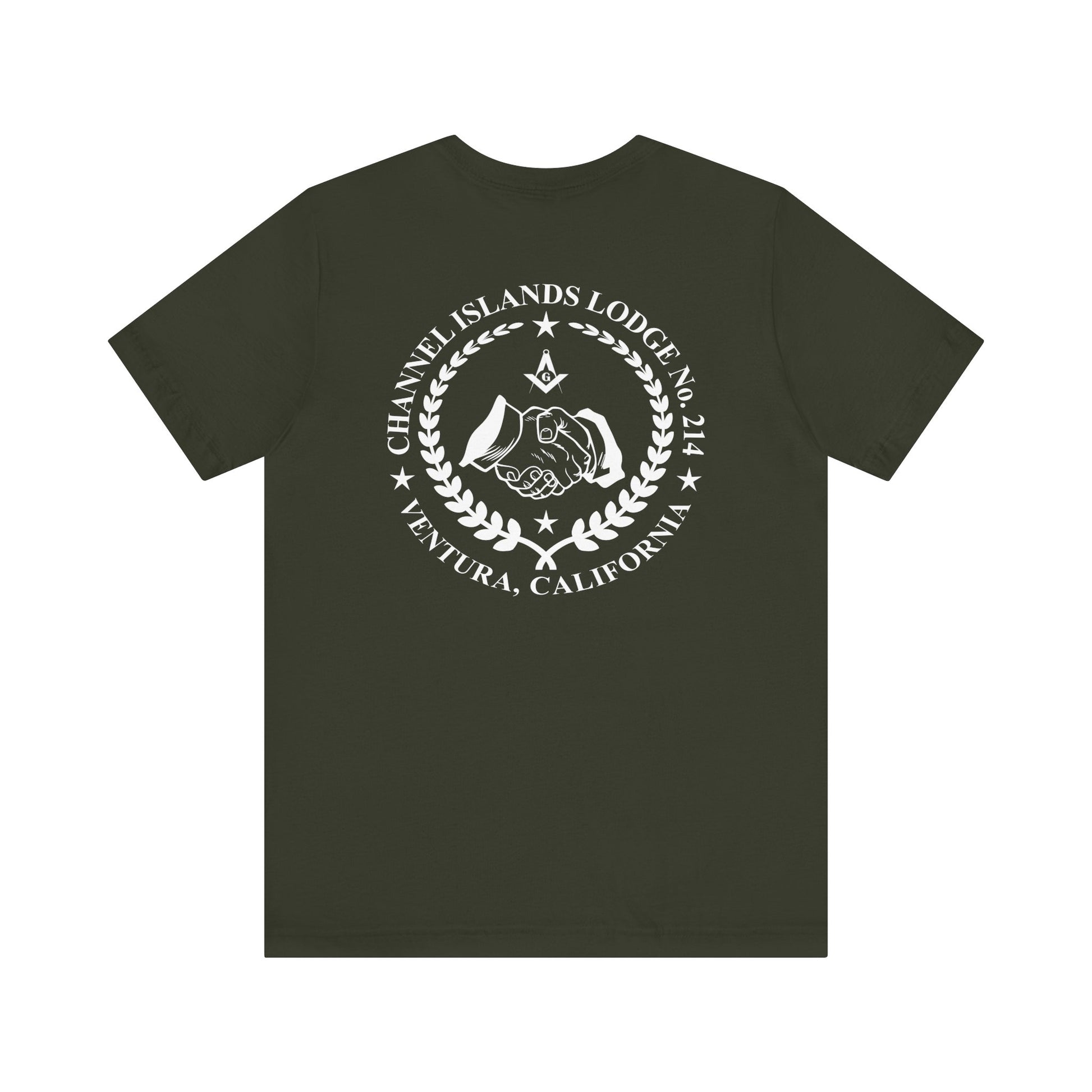Dark-colored Entered Apprentice T-Shirt from Channel Islands Lodge 214 with lodge logo and text, made by Printify.