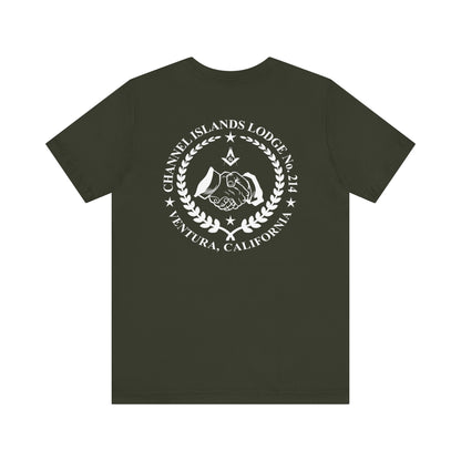 Dark-colored Entered Apprentice T-Shirt from Channel Islands Lodge 214 with lodge logo and text, made by Printify.
