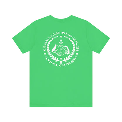 Brightly colored Entered Apprentice T-Shirt from Channel Islands Lodge 214 by Printify, featuring vibrant Masonic design and logo.