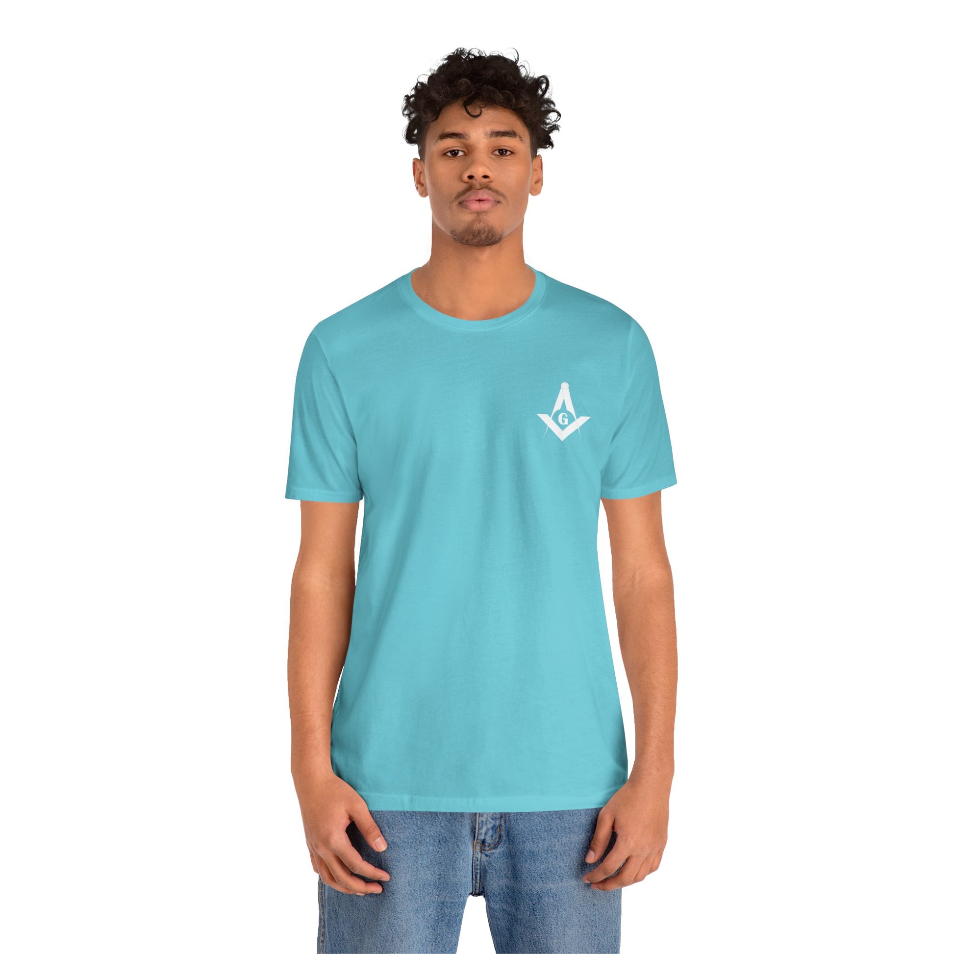 Fellowcraft T-Shirt from Channel Islands Lodge 214 with blue and green design, made by Printify, featuring lodge emblem and colorful graphics.