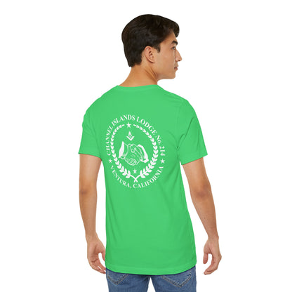 Brightly colored Fellowcraft T-Shirt from Channel Islands Lodge 214 by Printify, featuring lodge logo and vibrant design.