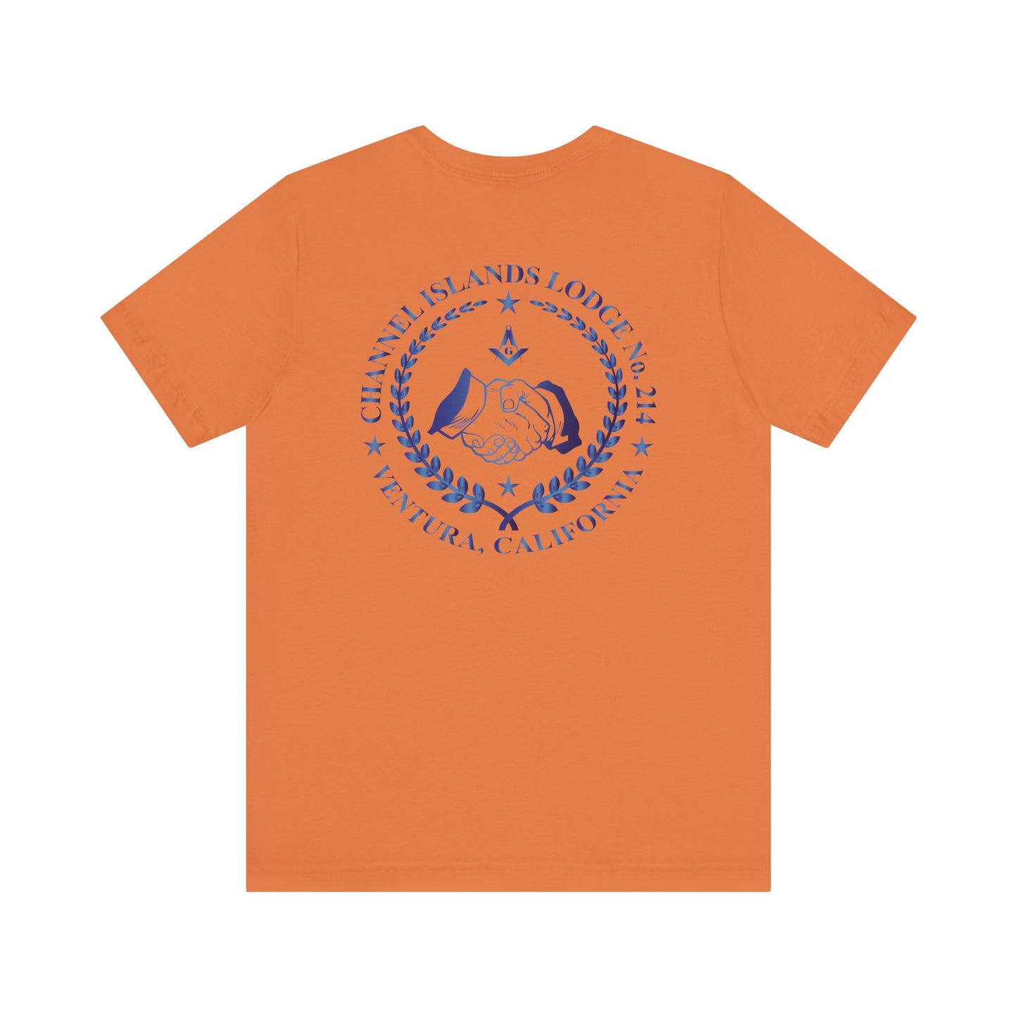 Sapphire Channel Islands Lodge 214 Entered Apprentice short sleeve T-shirt by Printify, featuring lodge logo on front.