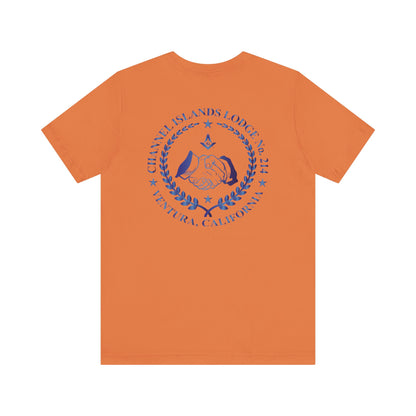 Sapphire Channel Islands Lodge 214 Entered Apprentice short sleeve T-shirt by Printify, featuring lodge logo on front.