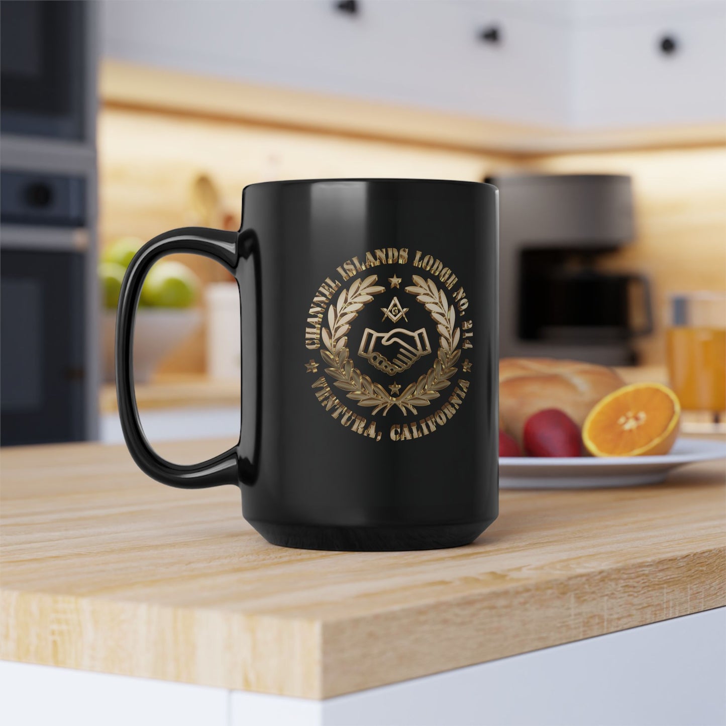 3D Gold Custom Emblem Black Coffee Mug (11oz, 15oz)