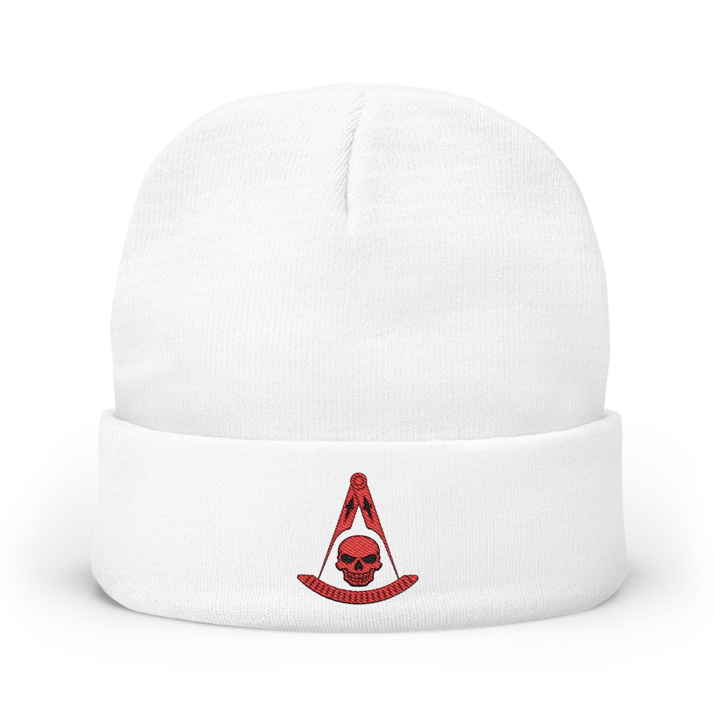 Past Master with Skull Embroidered Knit Beanie – Compass & Quadrant (Red)