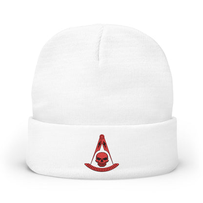 Past Master with Skull Embroidered Knit Beanie – Compass & Quadrant (Red)