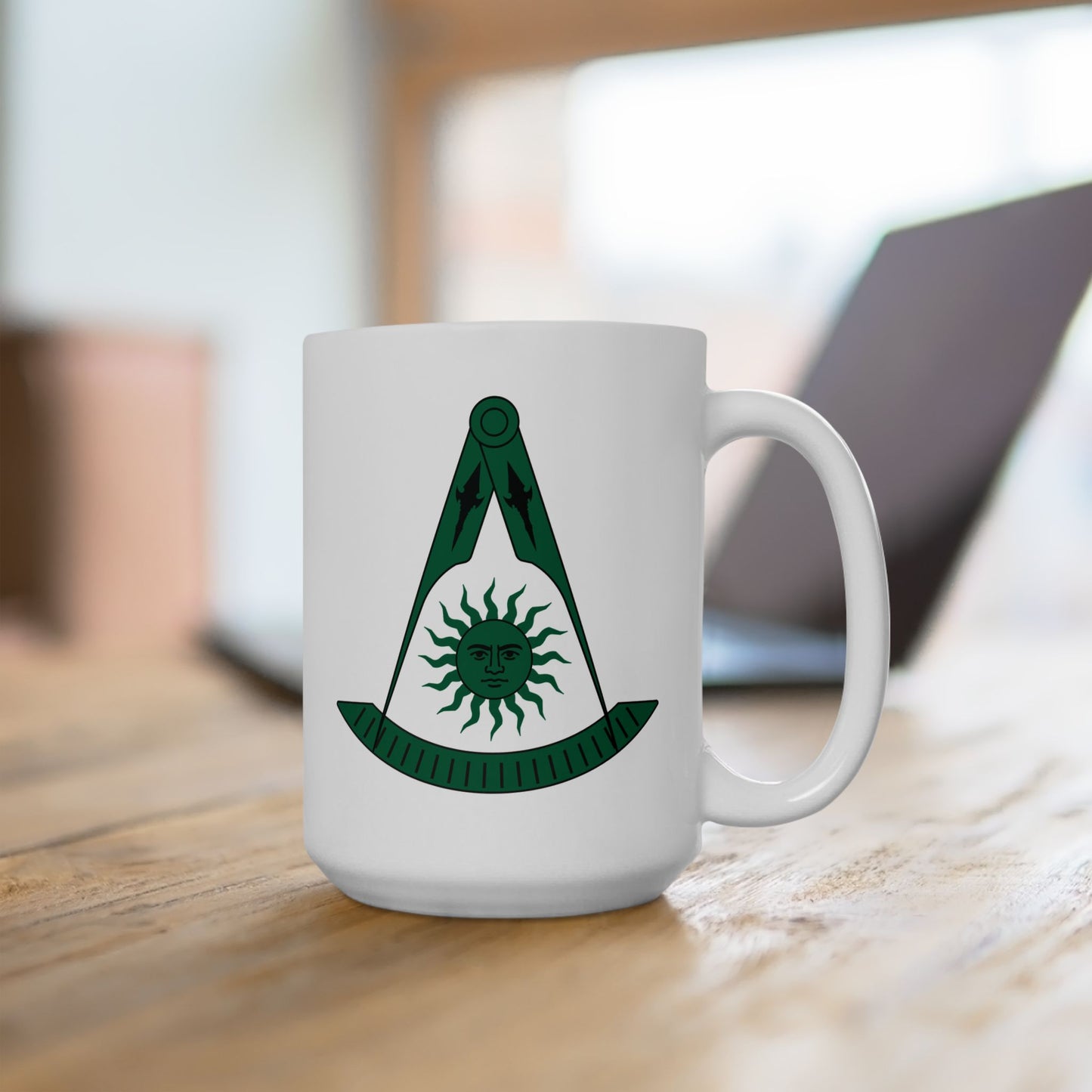 Two-Sided Past Master Ceramic Mug - Compass & Quadrant (Green, Sun with Face, Spearhead)