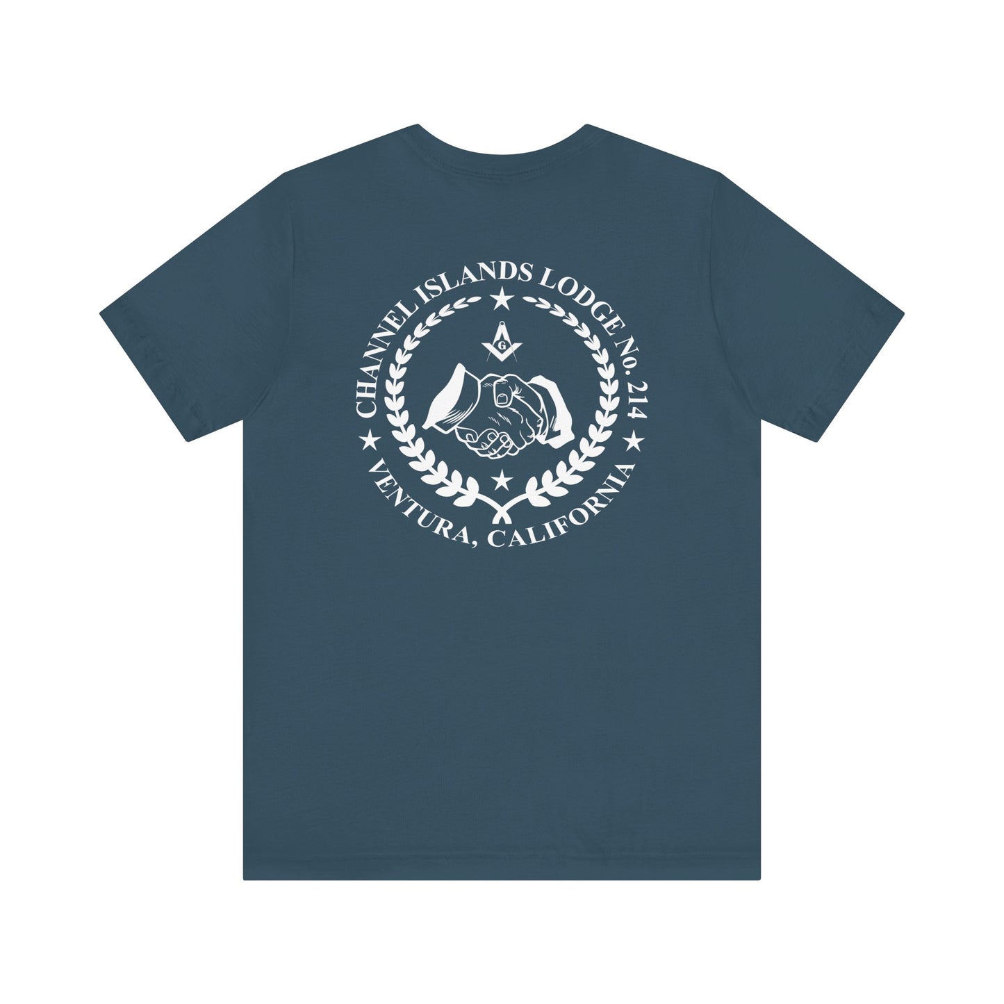Fellowcraft T-Shirt from Channel Islands Lodge 214 in blue and green, featuring lodge logo and design, by Printify.