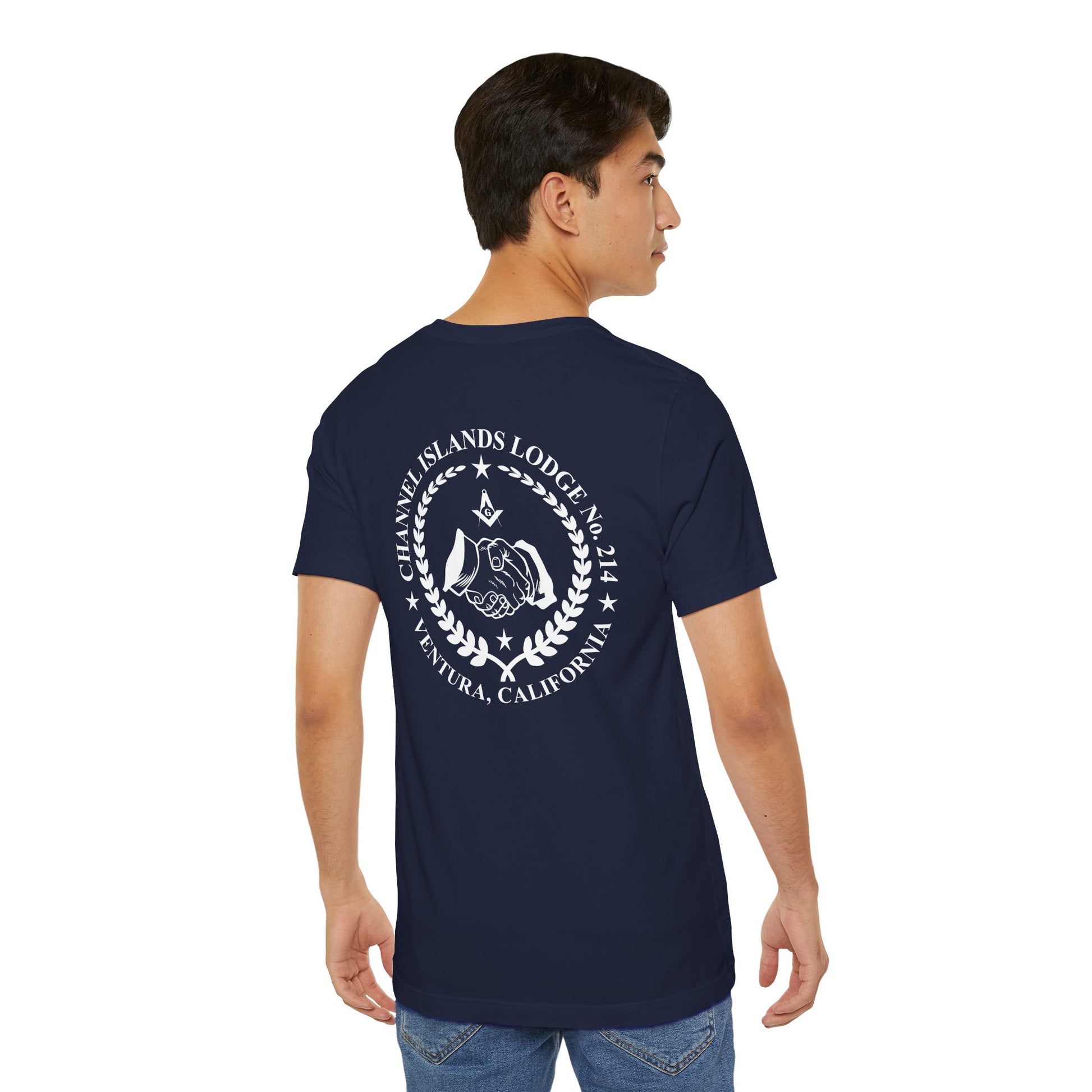 Channel Islands Lodge 214 short sleeve T-shirt by Printify featuring blue and green design on soft cotton fabric.