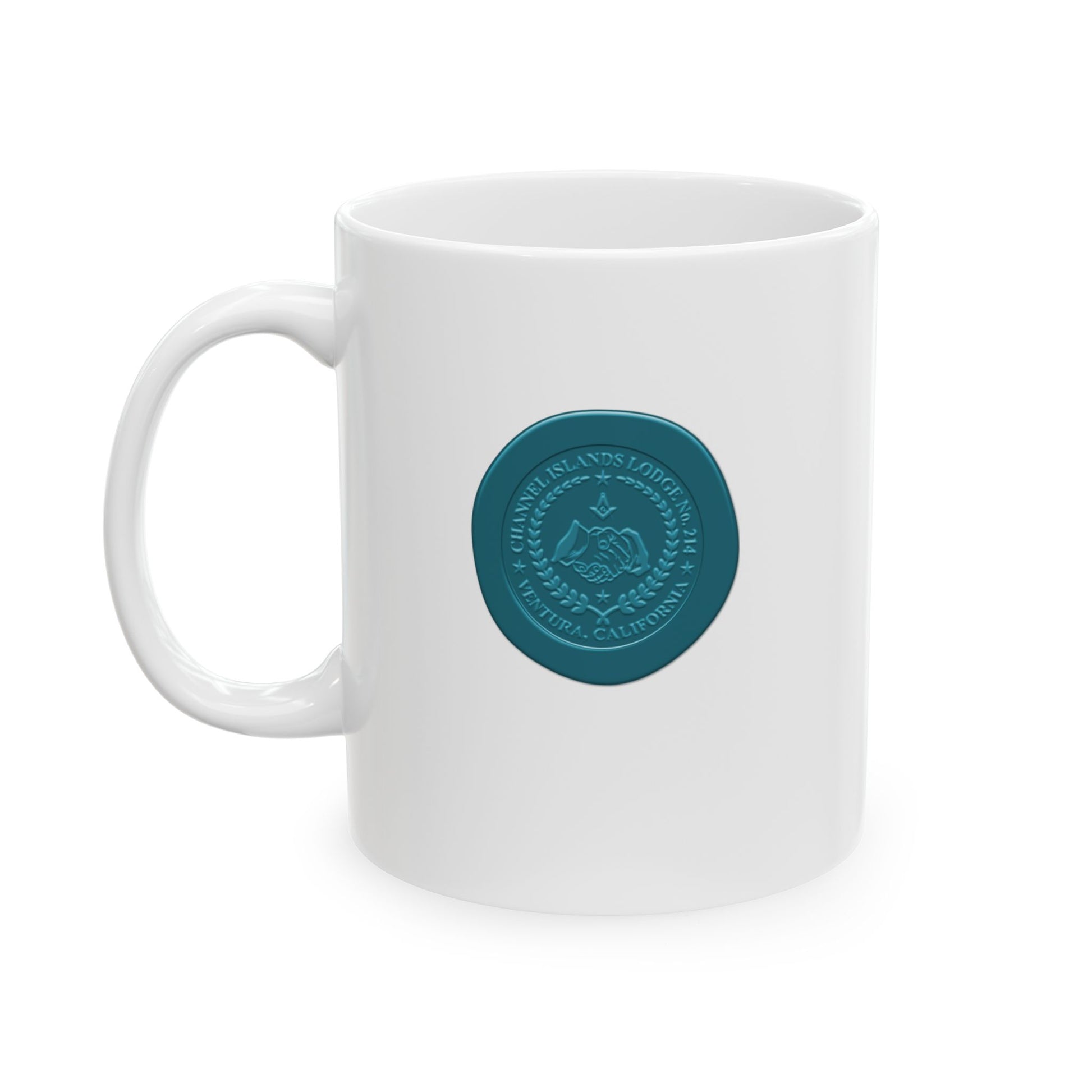 White ceramic mug featuring a Custom Wax Seal Emblem for Channel Islands Lodge, available in 11oz and 15oz sizes.
