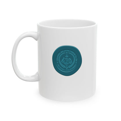 White ceramic mug featuring a Custom Wax Seal Emblem for Channel Islands Lodge, available in 11oz and 15oz sizes.