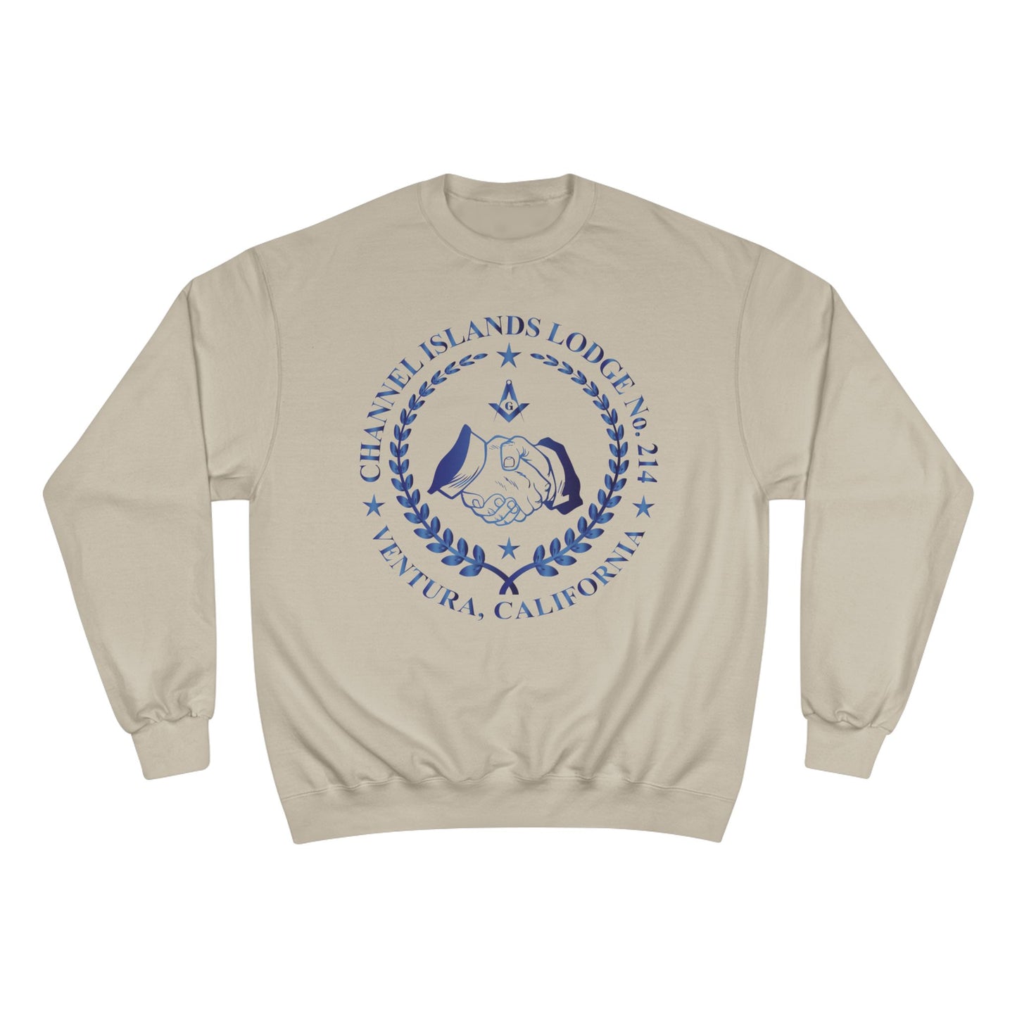 Channel Islands Lodge 214 Champion sweatshirt in sapphire with logo, made by Printify, displayed on a plain background.