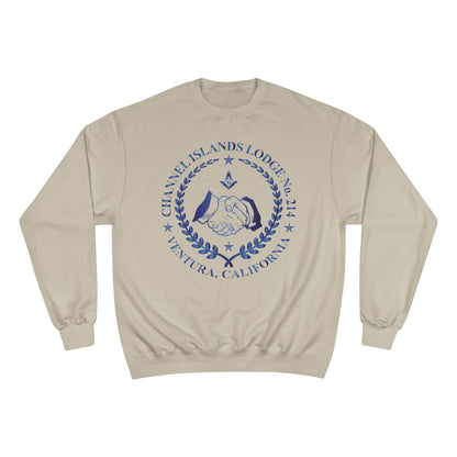 Channel Islands Lodge 214 Champion sweatshirt in sapphire with logo, made by Printify, displayed on a plain background.