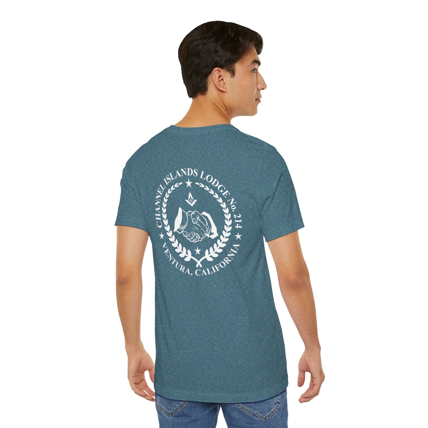 Fellowcraft T-Shirt from Channel Islands Lodge 214 featuring blue and green design, made by Printify.