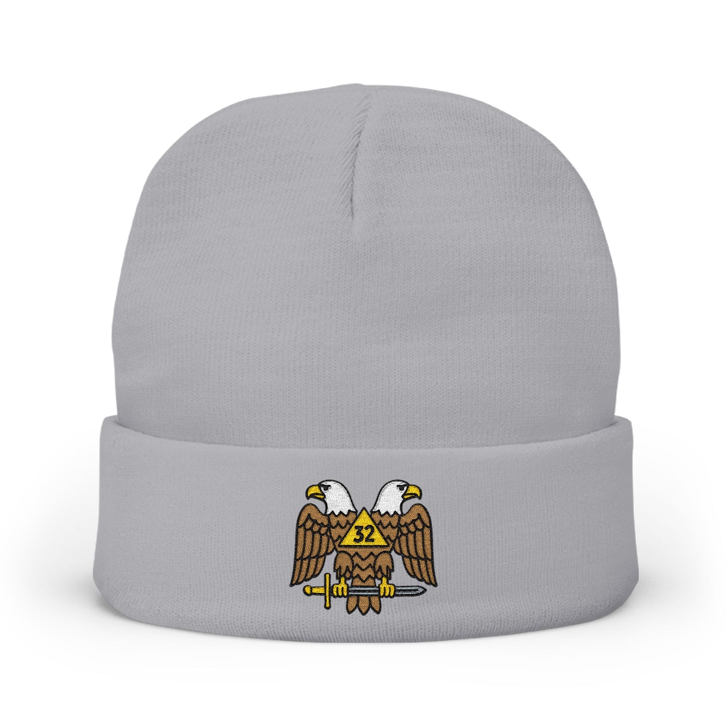 Scottish Rite embroidered knit beanie hat by Printify, featuring detailed embroidery and cozy knit fabric.