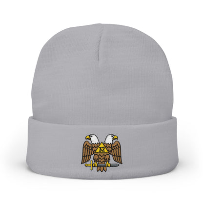 Scottish Rite embroidered knit beanie hat by Printify, featuring detailed embroidery and cozy knit fabric.