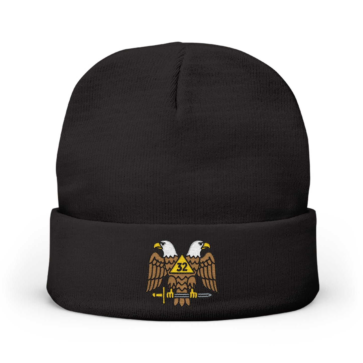 Scottish Rite embroidered knit beanie hat with detailed stitching, warm and stylish accessory by Printify.