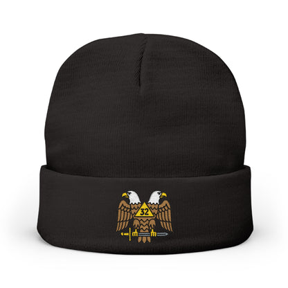 Scottish Rite embroidered knit beanie hat with detailed stitching, warm and stylish accessory by Printify.