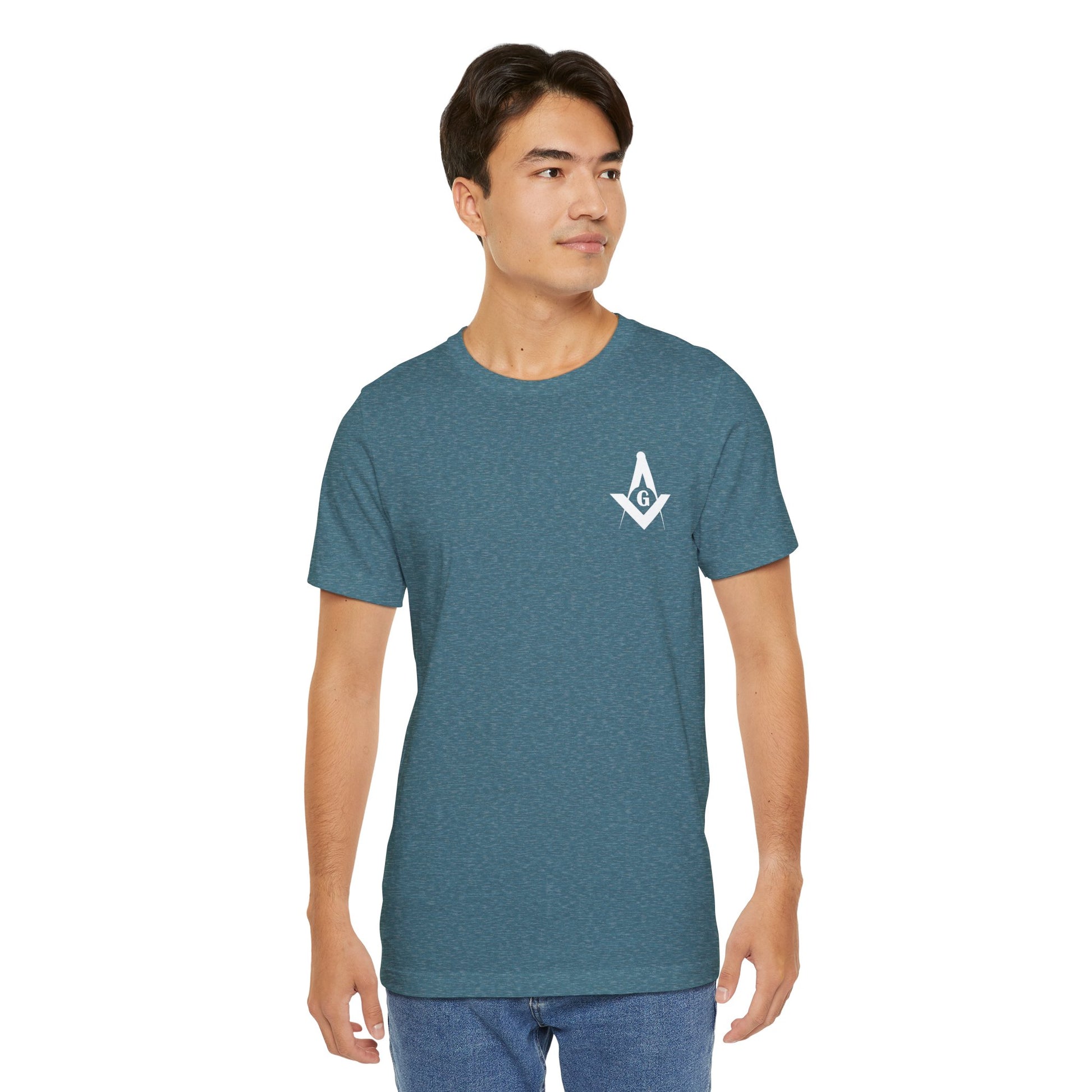 Channel Islands Lodge short sleeve T-shirt in blues and greens, casual men's T-shirt by Printify with a scenic graphic design.