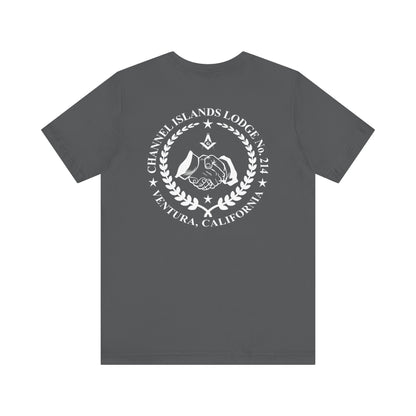 Black Entered Apprentice T-Shirt from Channel Islands Lodge 214 by Printify, featuring lodge emblem on dark fabric.