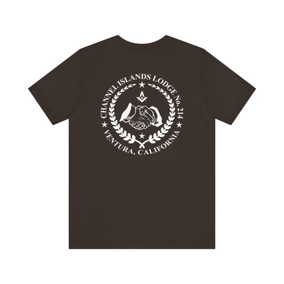 Channel Islands Lodge 214 short sleeve T-shirt in dark colors, made by Printify, featuring a casual graphic design.