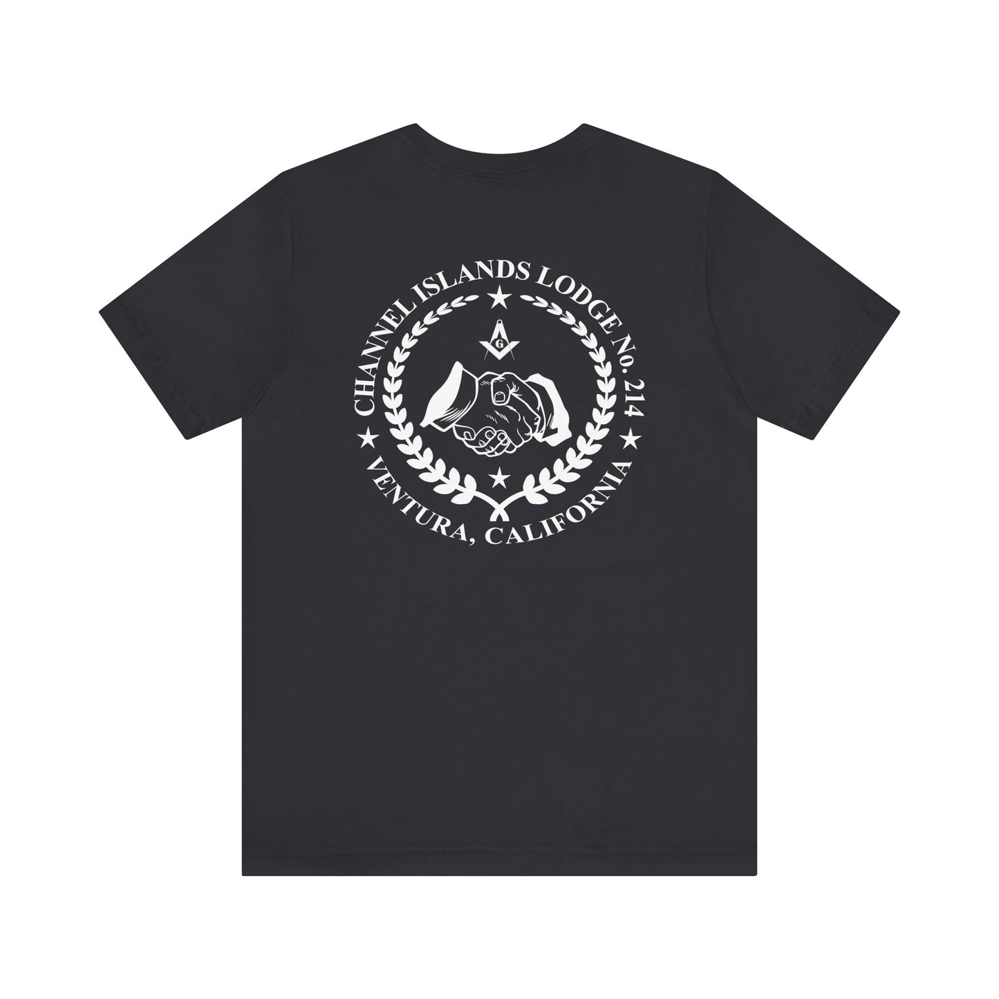 Fellowcraft T-Shirt in dark colors featuring Channel Islands Lodge 214 logo, made by Printify, with a comfortable fit and casual style.