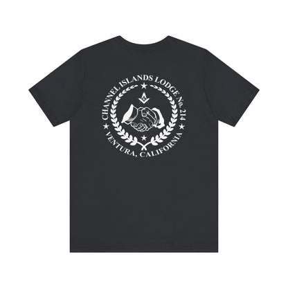 Fellowcraft T-Shirt in dark colors featuring Channel Islands Lodge 214 logo, made by Printify, with a comfortable fit and casual style.