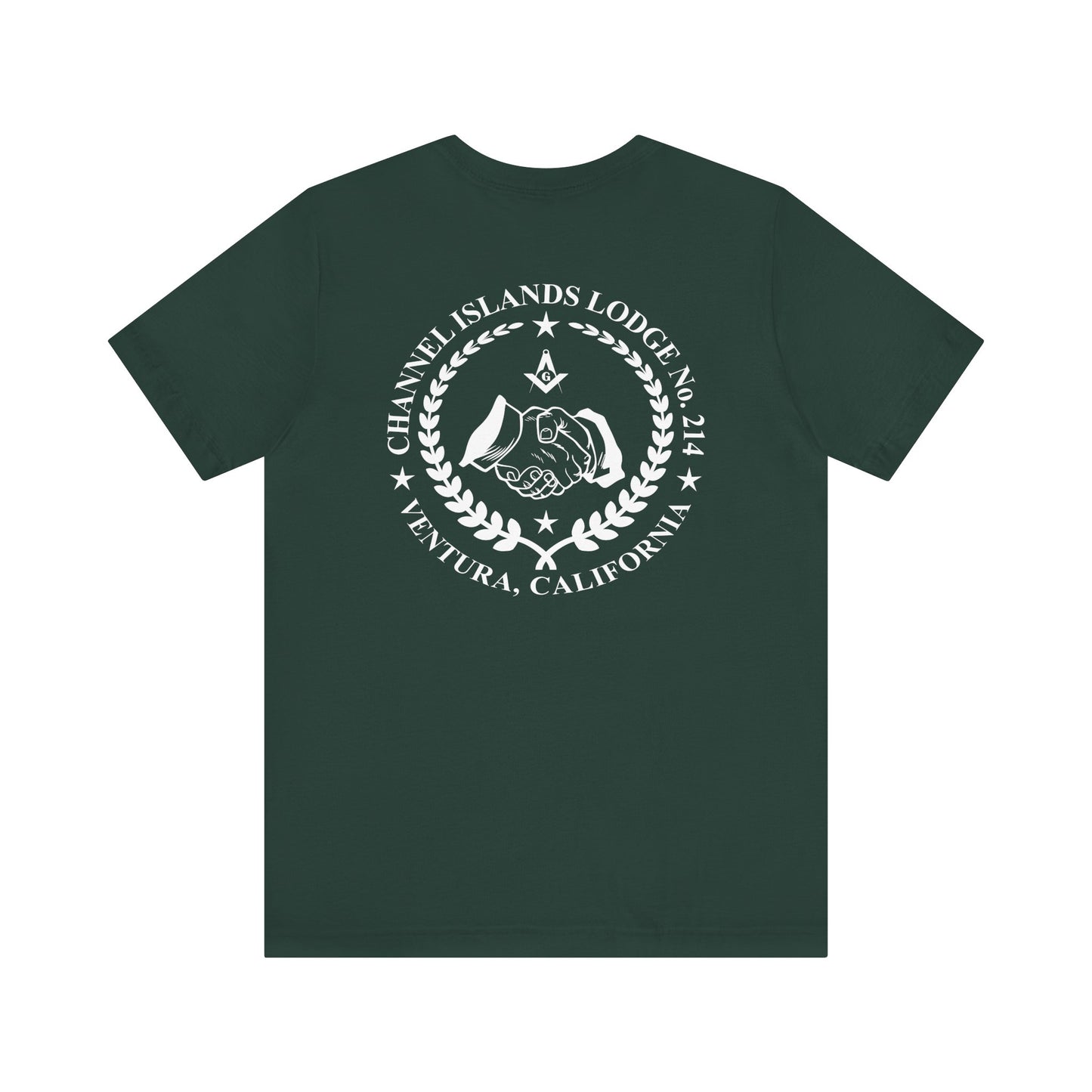 Channel Islands Lodge short sleeve T-shirt in blues and greens, featuring a casual, comfortable design by Printify.
