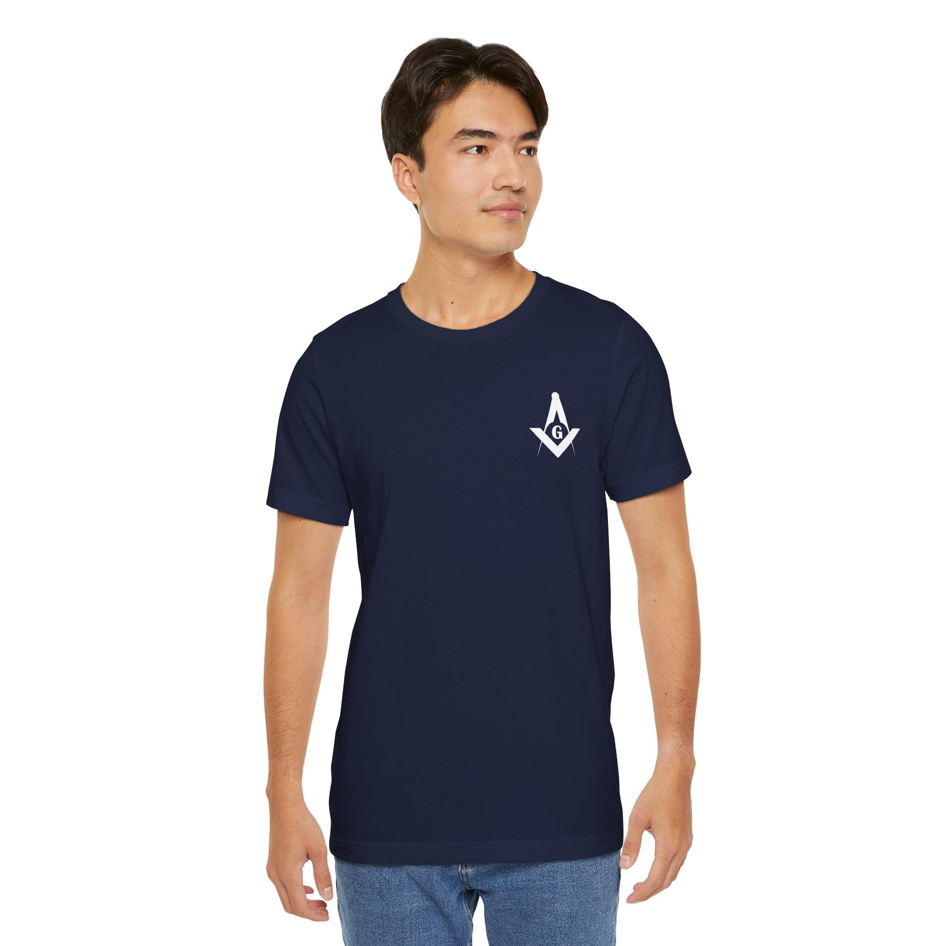 Fellowcraft T-Shirt by Printify featuring Channel Islands Lodge 214 logo in blues and greens on a casual cotton T-shirt.