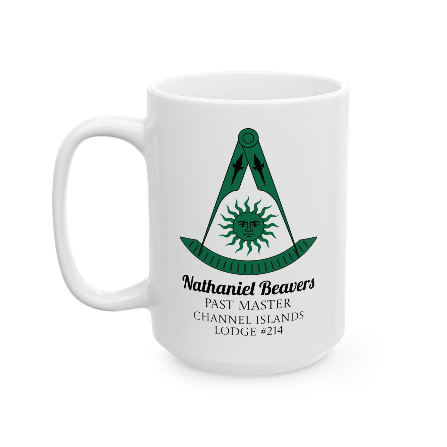 Personalized Past Master Mug - Compass & Quadrant (Green, Sun with Face, Spearhead)