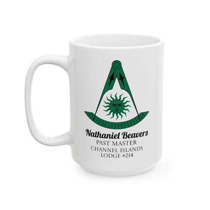 Personalized Past Master Mug - Compass & Quadrant (Green, Sun with Face, Spearhead)