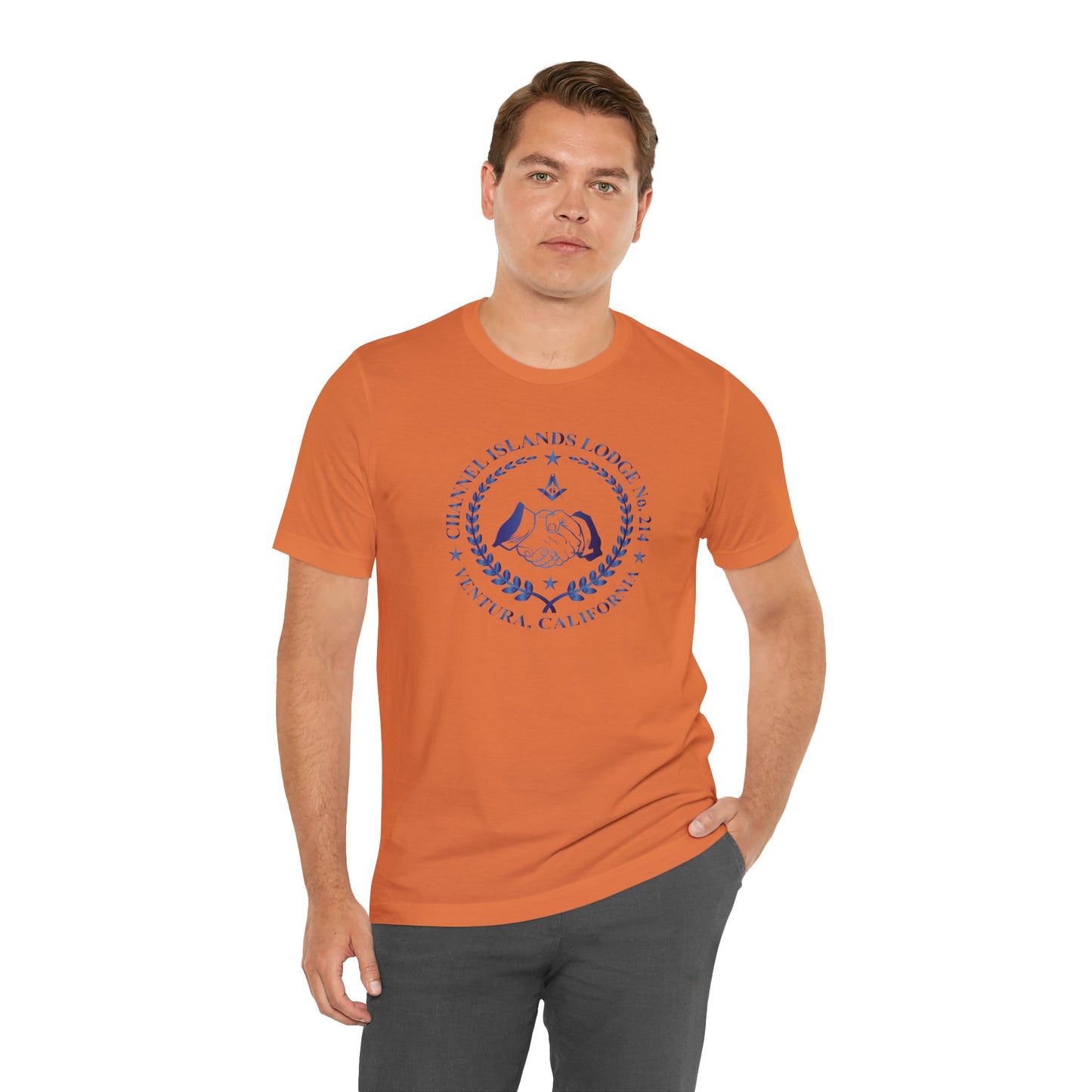 Channel Islands Lodge 214 short sleeve T-shirt in sapphire gradient with printed logo, casual apparel by Printify.