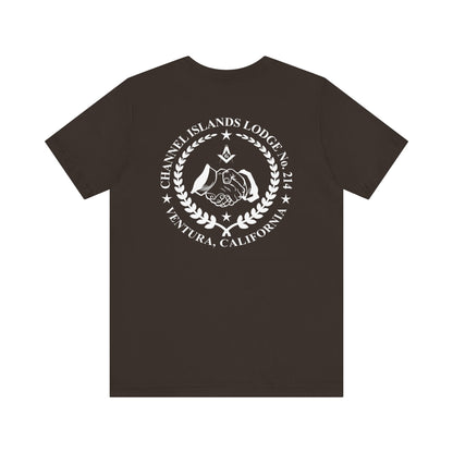 Fellowcraft T-Shirt from Channel Islands Lodge 214 in dark colors, featuring lodge logo and comfortable cotton fabric.