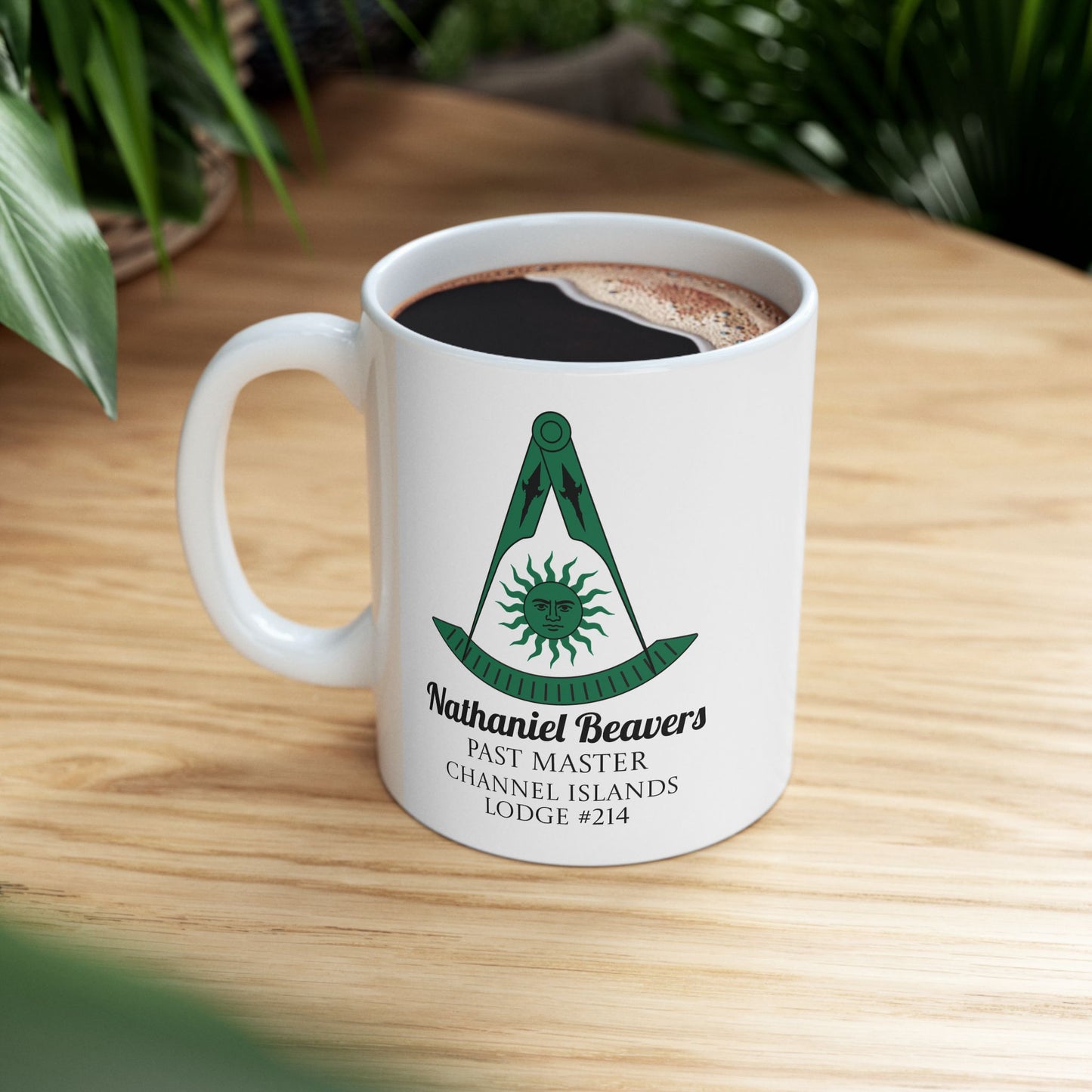 Personalized Past Master Mug - Compass & Quadrant (Green, Sun with Face, Spearhead)